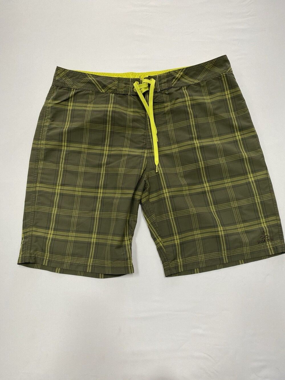 PrAna Men's Board Shorts Size 36 Green Plaid Swim Trunks UPF 50+ Nylon